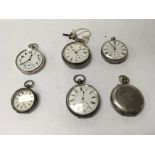 A group of 6 silver and white metal pocket watches