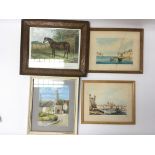 Three framed small watercolours and a framed print