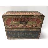 Two wooden Victorian Hudson’s soap boxes, one with
