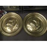 Two large brass wall plaques, approx diameter 88cm