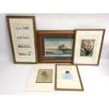 A collection of various framed paintings and print