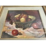 A framed oil on board fruit in a bowl, unsigned 28