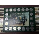 2 framed collections of cigarette cards of cars and a collection of car coins.