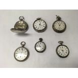 A group of 6 white metal and silver pocket watches