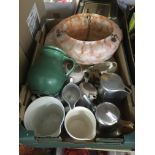 A box containing blue and white banded Cornishware, a three piece Piquot tea service, mottled