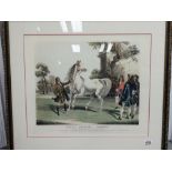 A large framed coloured print depicting a stud sta