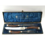A cased carving cutlery set with horn and handles,