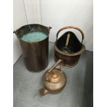 A copper coal bucket, scuttle and kettle