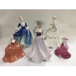 Five Coalport figures of ladies, three approx 20cm plus two smaller.