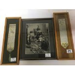 Two framed silk type book marks and and a similar picture depicting children with cats