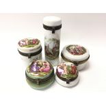 Five various enamelled round boxes with classical
