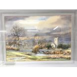 A framed and glazed watercolour by Clive Pyke depicting a marshy landscape with a church to the