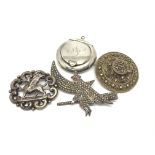 Three silver brooches and a silver hinge lidded po