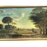 A framed oil painting on panel dpicting a landscap