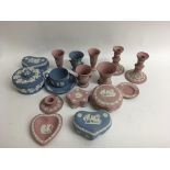 A collection of Wedgwood jasper ware in blue a pin