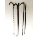 Five walking sticks, including one with silver and