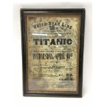 A framed poster advertising the Titanic. Measures
