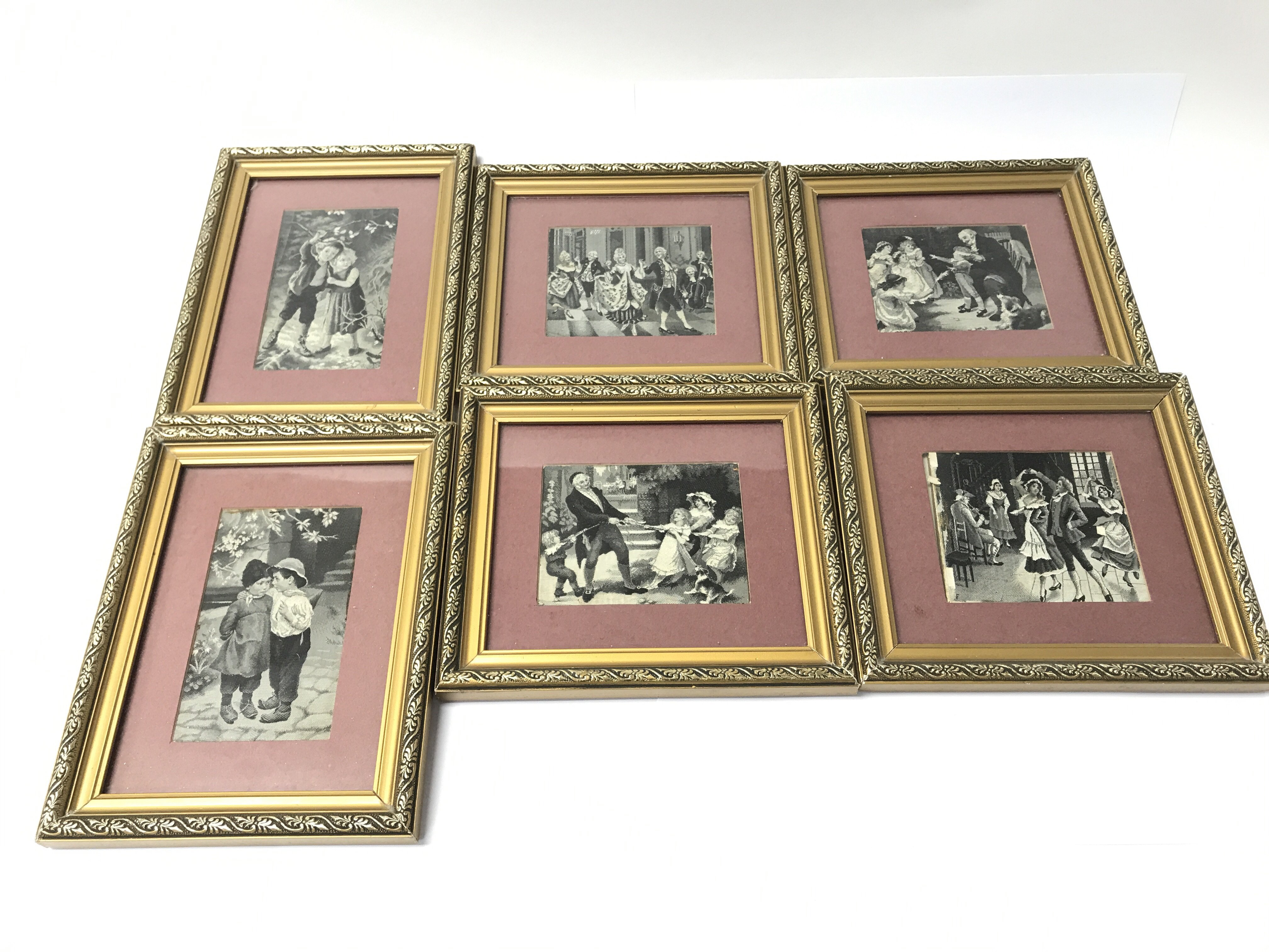 Six framed silk pictures depicting traditional soc