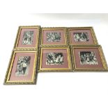 Six framed silk pictures depicting traditional soc