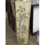 A framed and glazed early 20th Century Chinese silk picture, approx 29.5cm x 98cm.