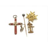 A coral cross pendant, a 9ct gold religious pendan