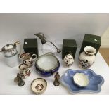 A silver plate duck shaped claret jug and various