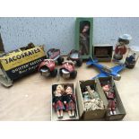 A collection of boxed dolls with a hand made woode