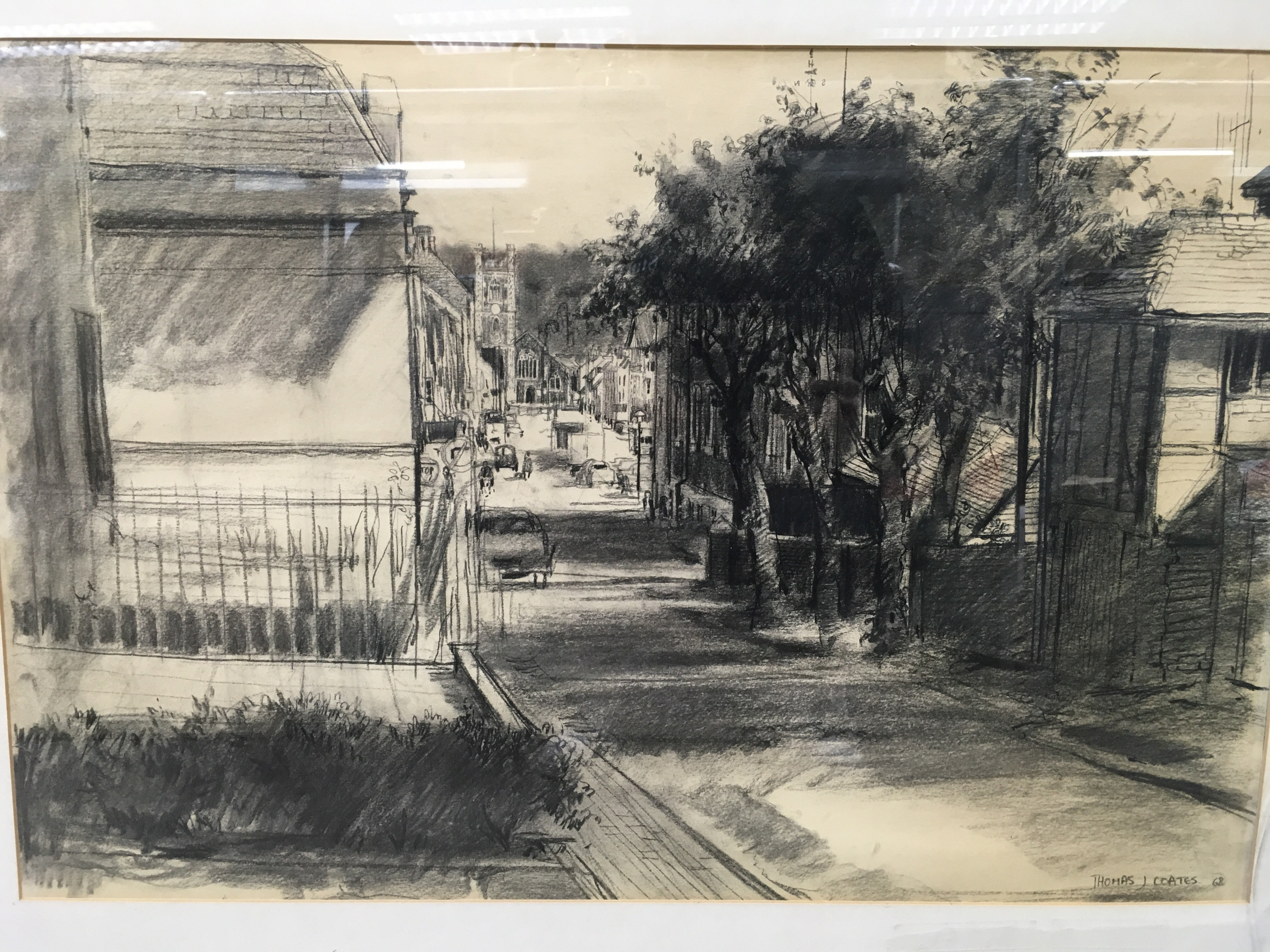 A large framed charcoal sketch by Thomas J Coates