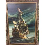 An oil painting of a sailing ship, indisctintly signed, approx 74cm x 104.5cm.
