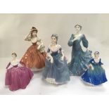 Five Coalport figures of ladies comprising two larger approx 22cm and 20cm respectively plus three