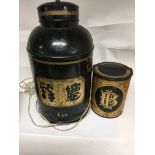 A Chinese tea caddy converted to a table lamp and one other tea container