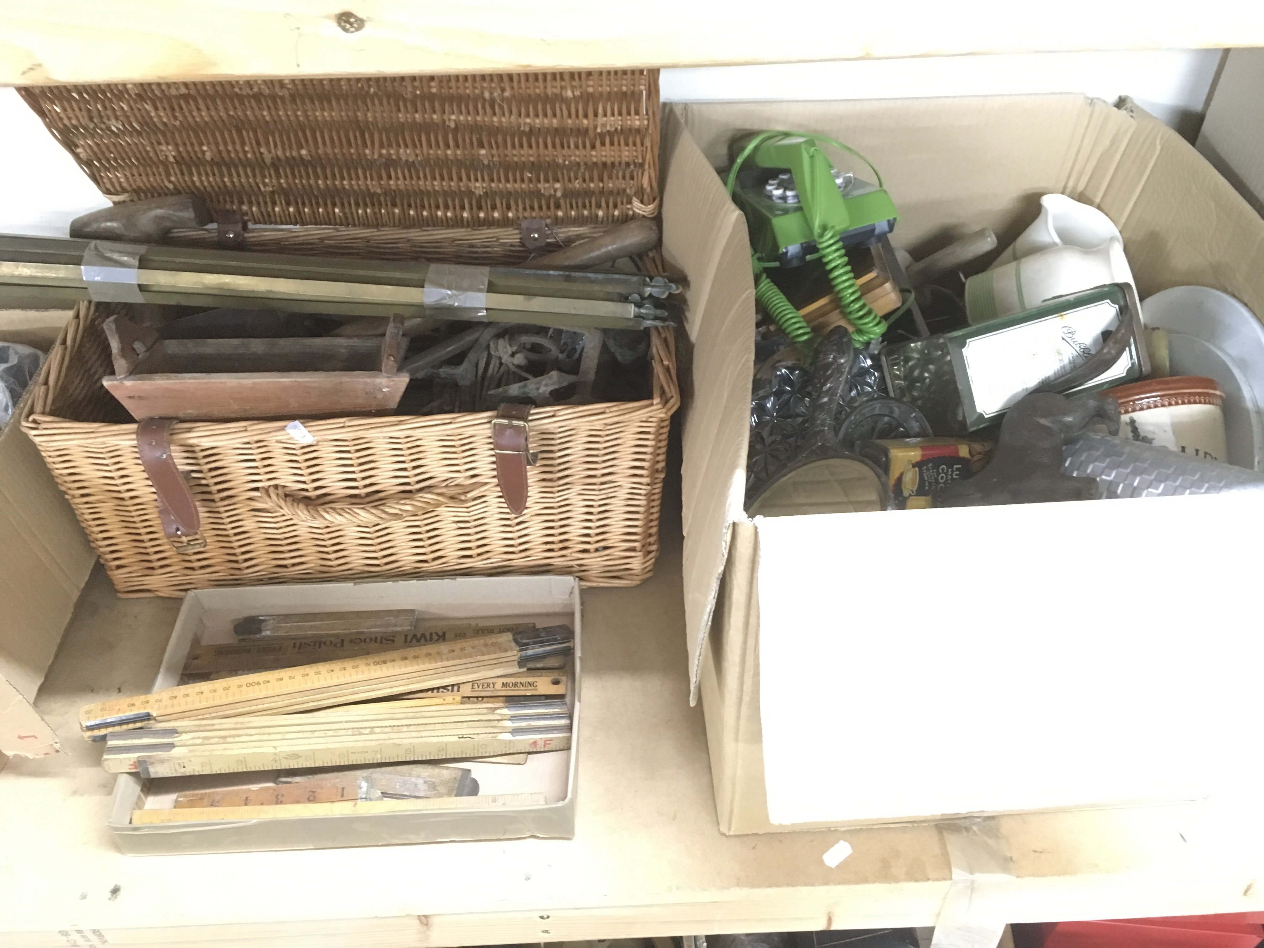 Two boxes of mainly tools and kitchenalia plus a small box of folding rulers (3).