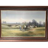 A framed oil painting in canvas depicting a collection of golfers crowding round a golfer putting,