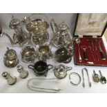 A collection of silver plated items including teap