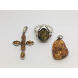 Three items of silver and amber jewellery comprisi