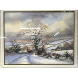 A framed and glazed watercolour by Clive Pyke depicting a winter landscape with a cottage. Frame