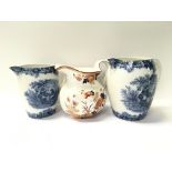 Three Victorian ceramic jugs comprising two Copeland blue and white examples and a third Wedgwood