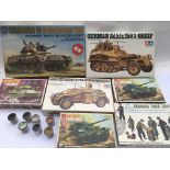 Collection of military Airfix , Tamiya and Matchbox model kits, plus paints