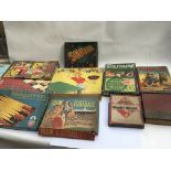 A collection of vintage board games including Backgammon, Blow Football, Chess etc