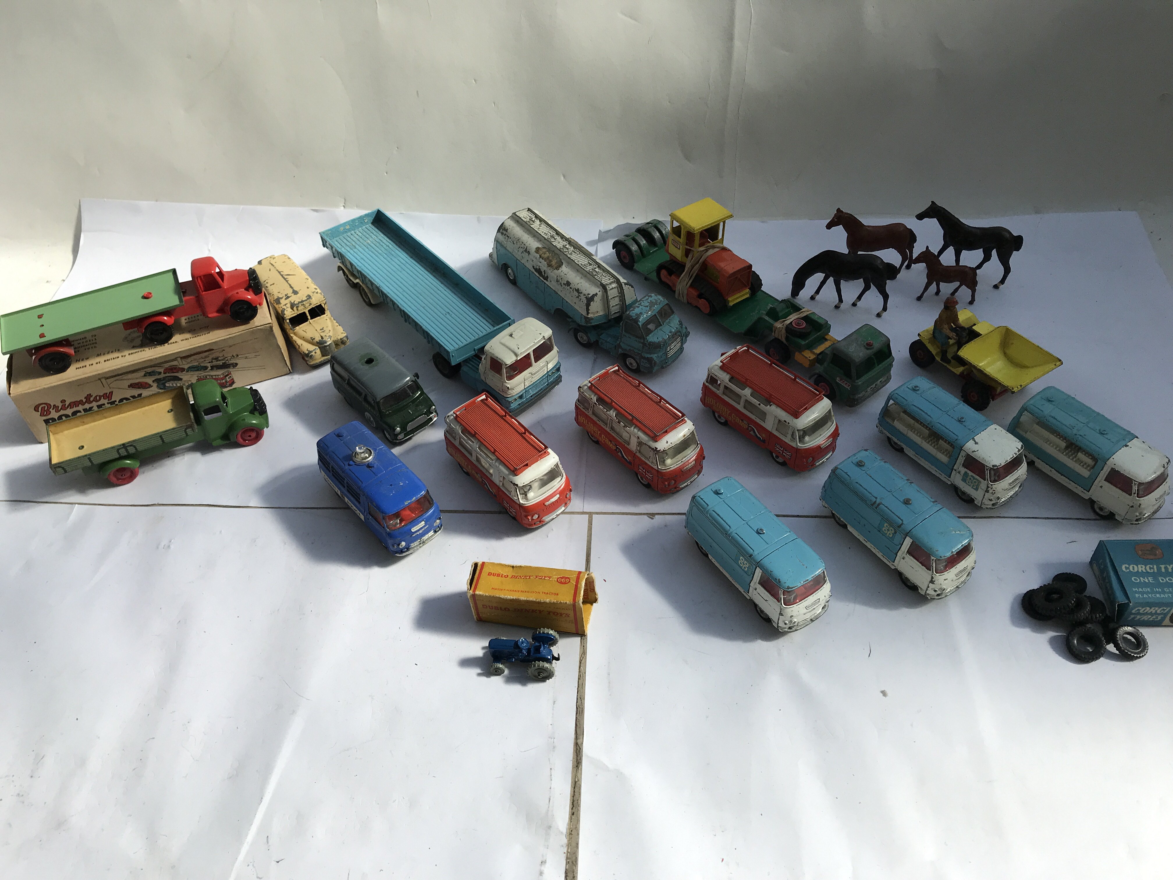A collection of vintage playworn diecast vehicles including Corgi, Dinky etc also a boxed Dublo