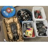 A collection of old valves in plastic boxes including a large Osram Valve 46 DA100.