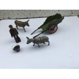 Donkey cart, two Donkeys and a figure with bucket,