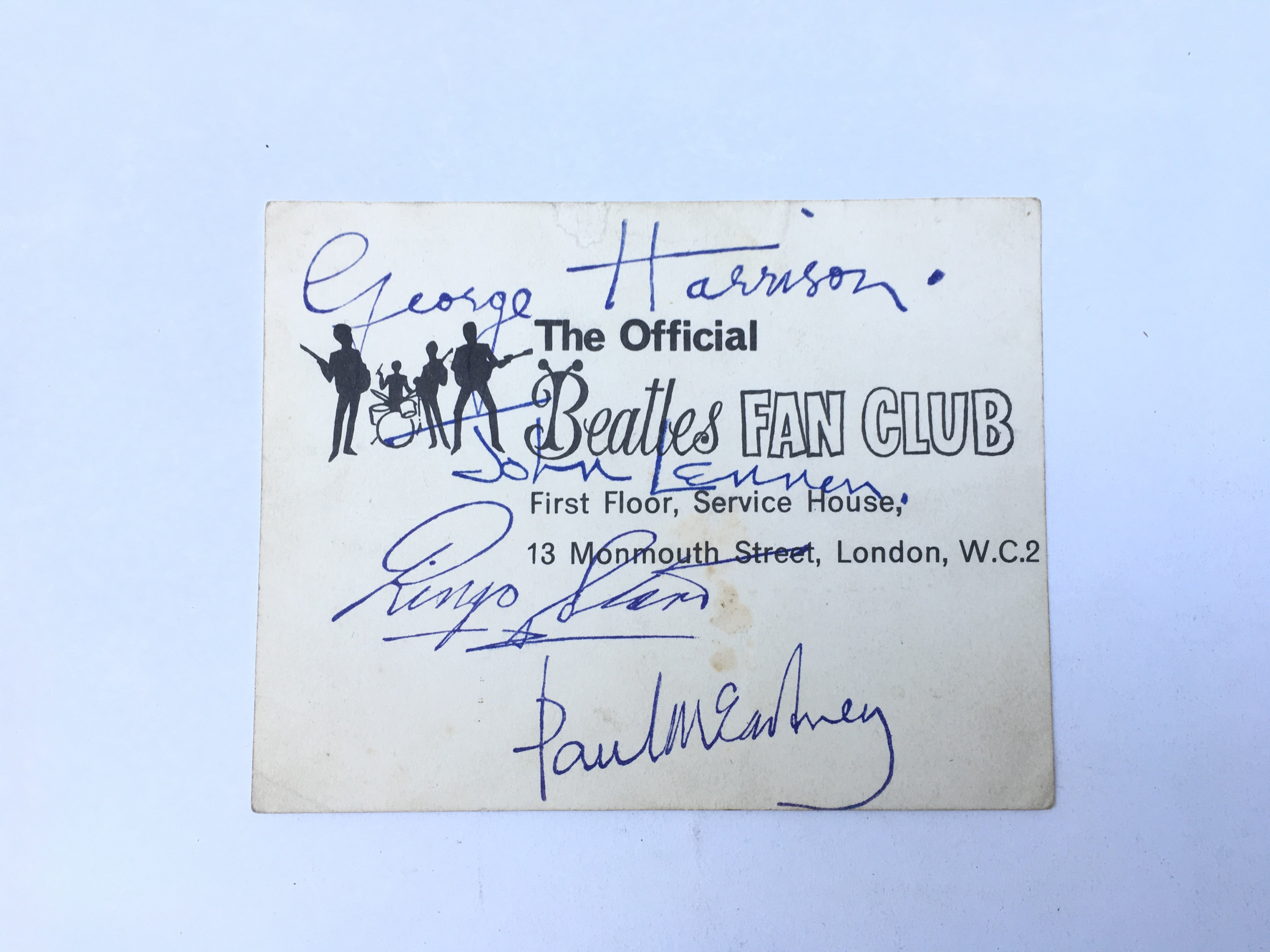 A signed Beatles Fan Club card. Sadly there is no