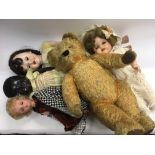 Four dolls including two Pedigree plus a Chad Valley teddy bear (5).