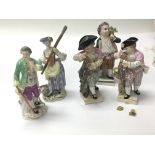 Four Meissen figures and a Dresden Porcelain figure. (Some damage) height 9-11cm. (5)