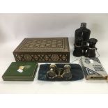 A collection of oddments including a pair of opera glasses, inlaid box, binoculars etc.