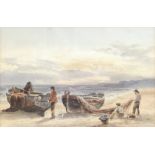 A framed 19th century watercolour depicting beached fishing boats accompanied by four fishermen,