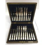 A cased set of Elkington silver plated fish knives and forks with Morher of Pearl handles