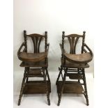 Two French, wooden metamorphic doll's highchairs with inlaid tops. Approx 65cm high