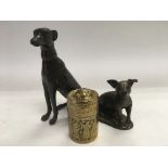 A bronze figure of a greyhound, circular brass box and a pig (3).